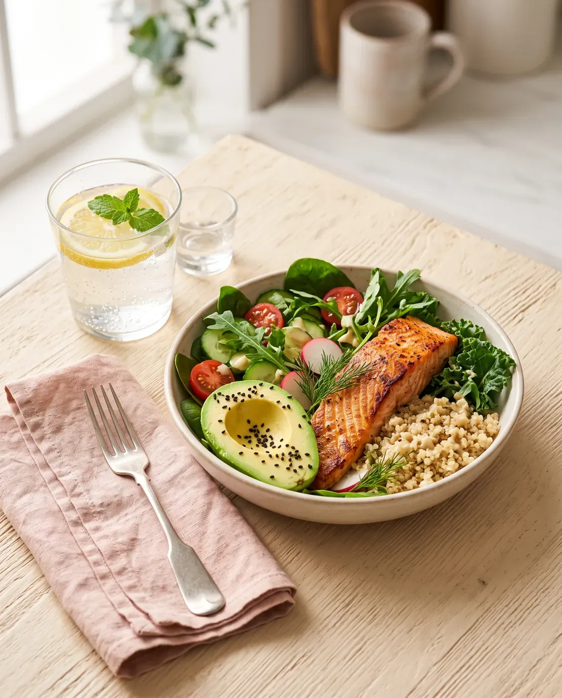 Bunte Bowl mit Lachs, Avocado, Quinoa und Gemüse auf einem hellen Küchentisch