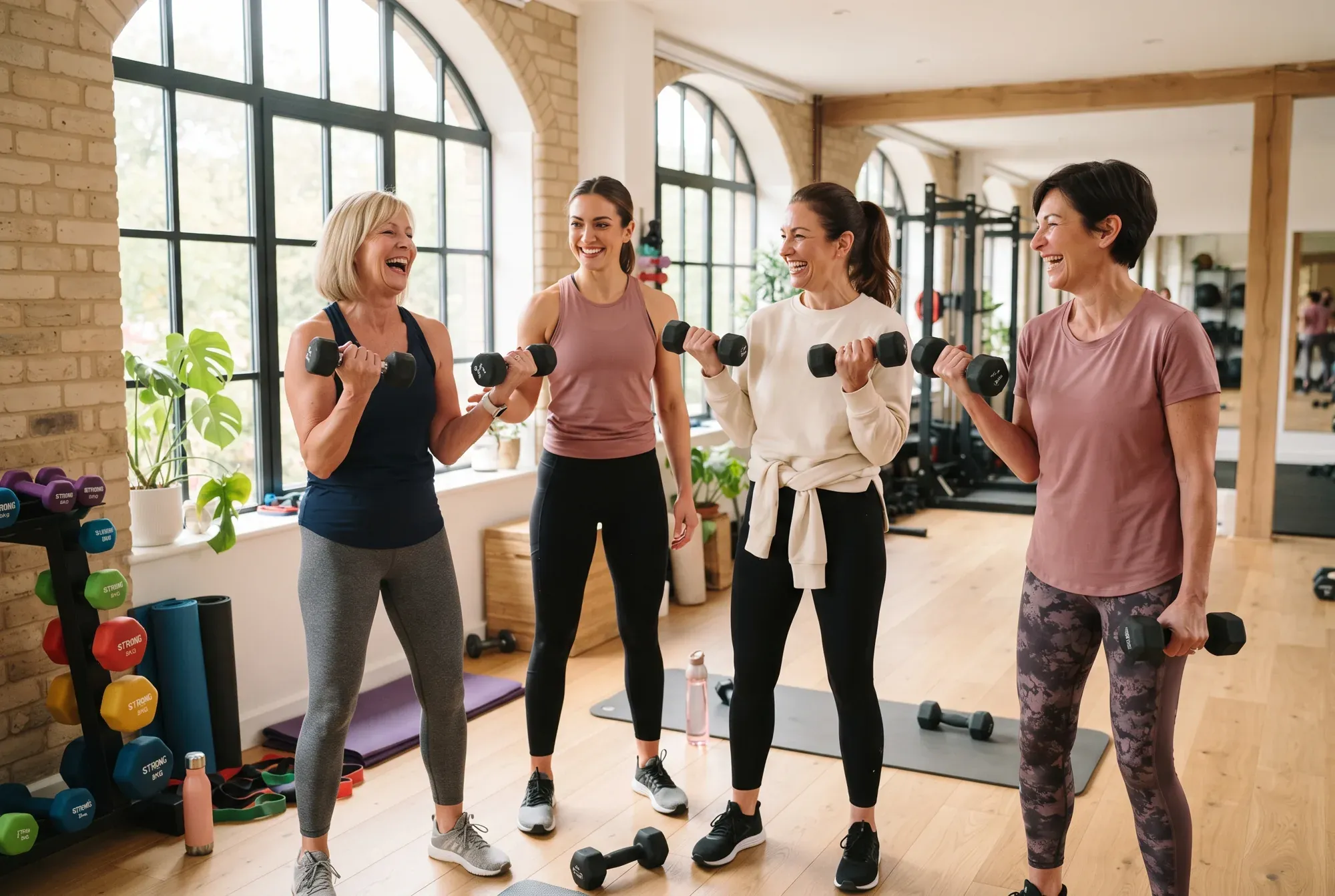 Drei Frauen trainieren gemeinsam mit Kurzhanteln in einem hellen Studio, eine Trainerin leitet an